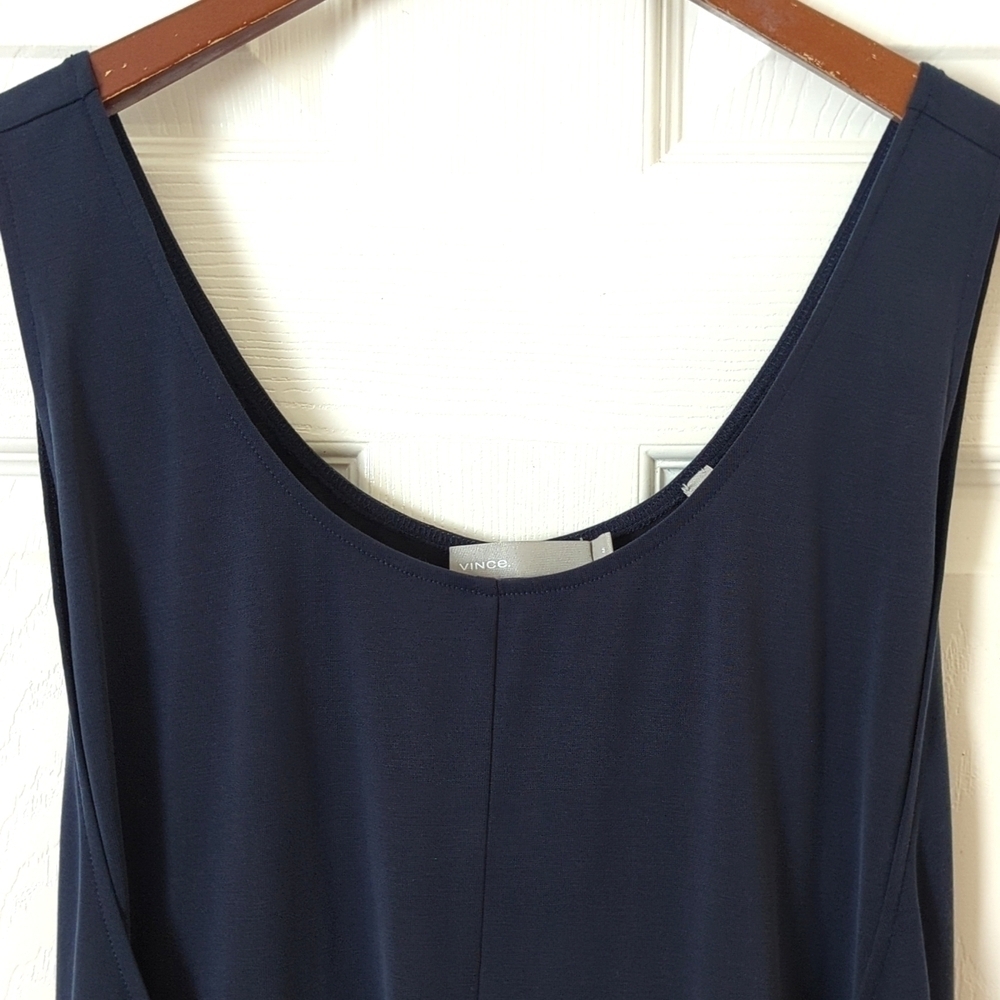 Vince Silky Sleeveless Scoop Neck Tie Front Midi Sheath Dress Coastal Navy M - Picture 3 of 15